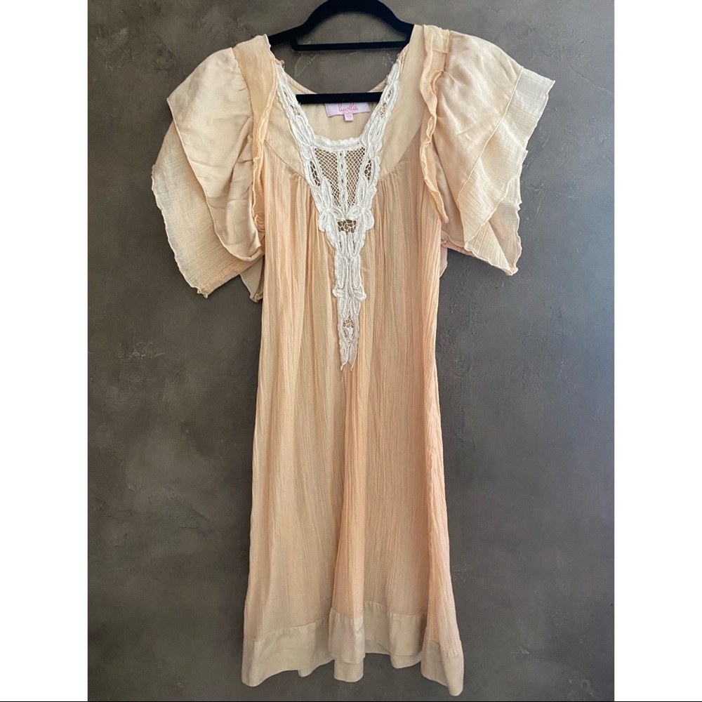 Vintage Peach Mini Dress with White Crochet Trim